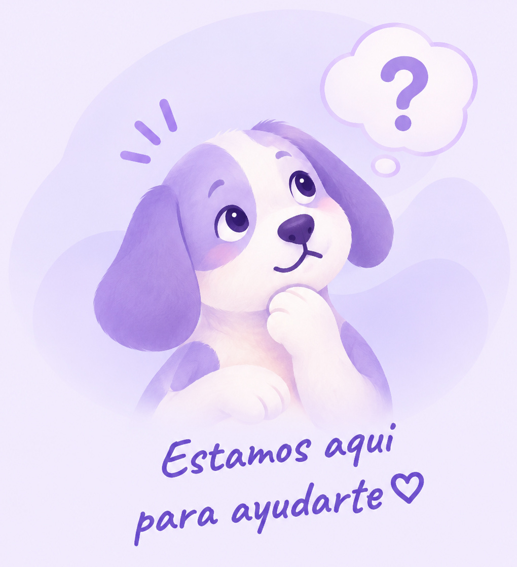 Un perrito pensativo con un signo de interrogación. Estamos aquí para ayudarte
